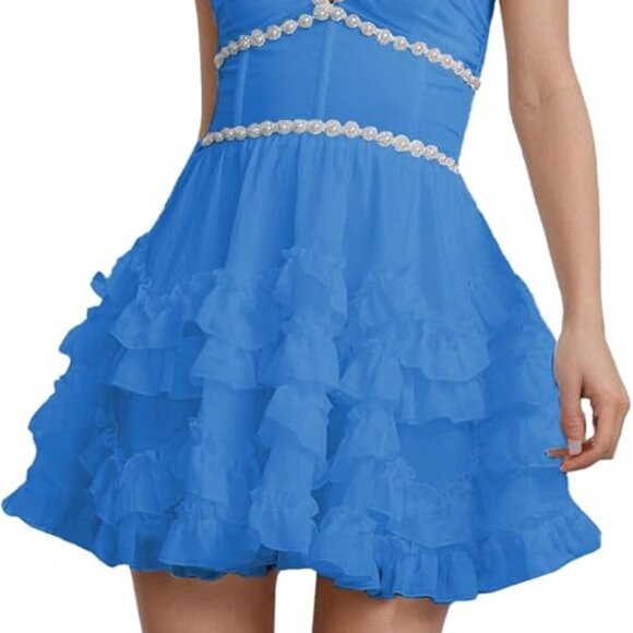 Women's BLUE Short Ruffle Homecoming Formal Gown Ball Party Evening Prom Dresses - Picture 2 of 16